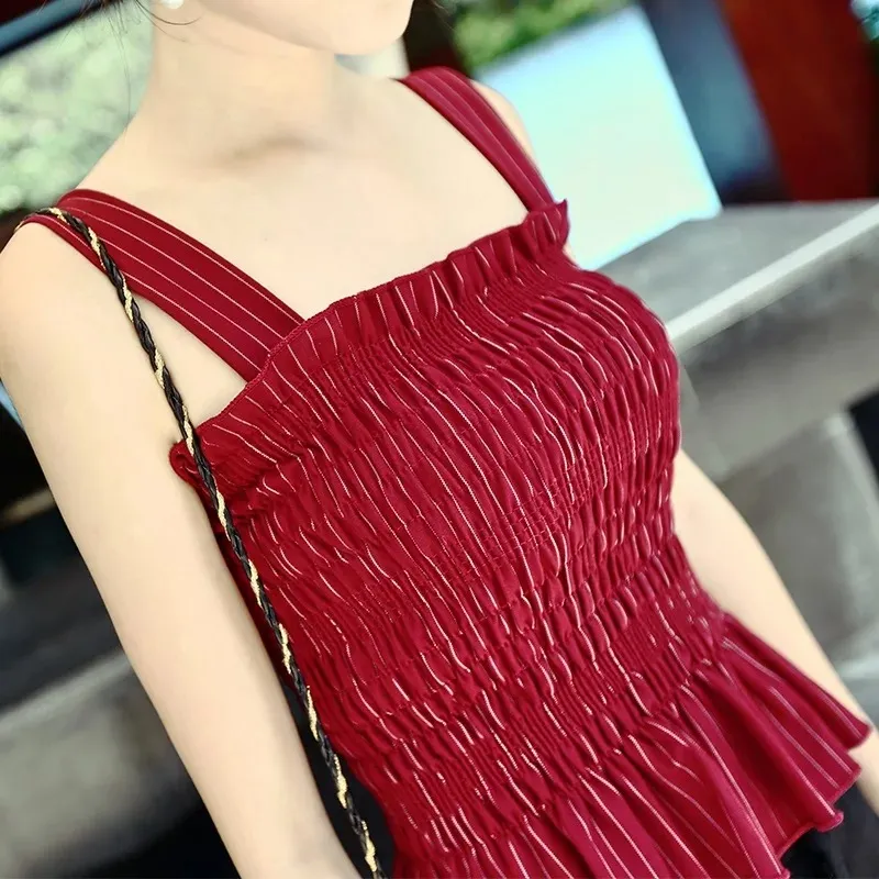 3 colors sexy slim pleated camisole tops for vacation beach holiday