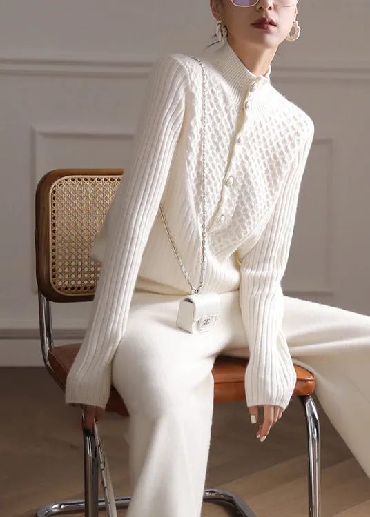 ALINE | STYLISH WHITE HIGH NECK BUTTON CASHMERE SWEATER