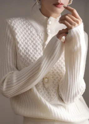 ALINE | STYLISH WHITE HIGH NECK BUTTON CASHMERE SWEATER