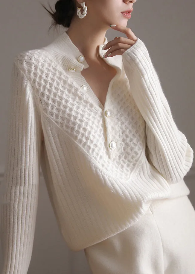 ALINE | STYLISH WHITE HIGH NECK BUTTON CASHMERE SWEATER