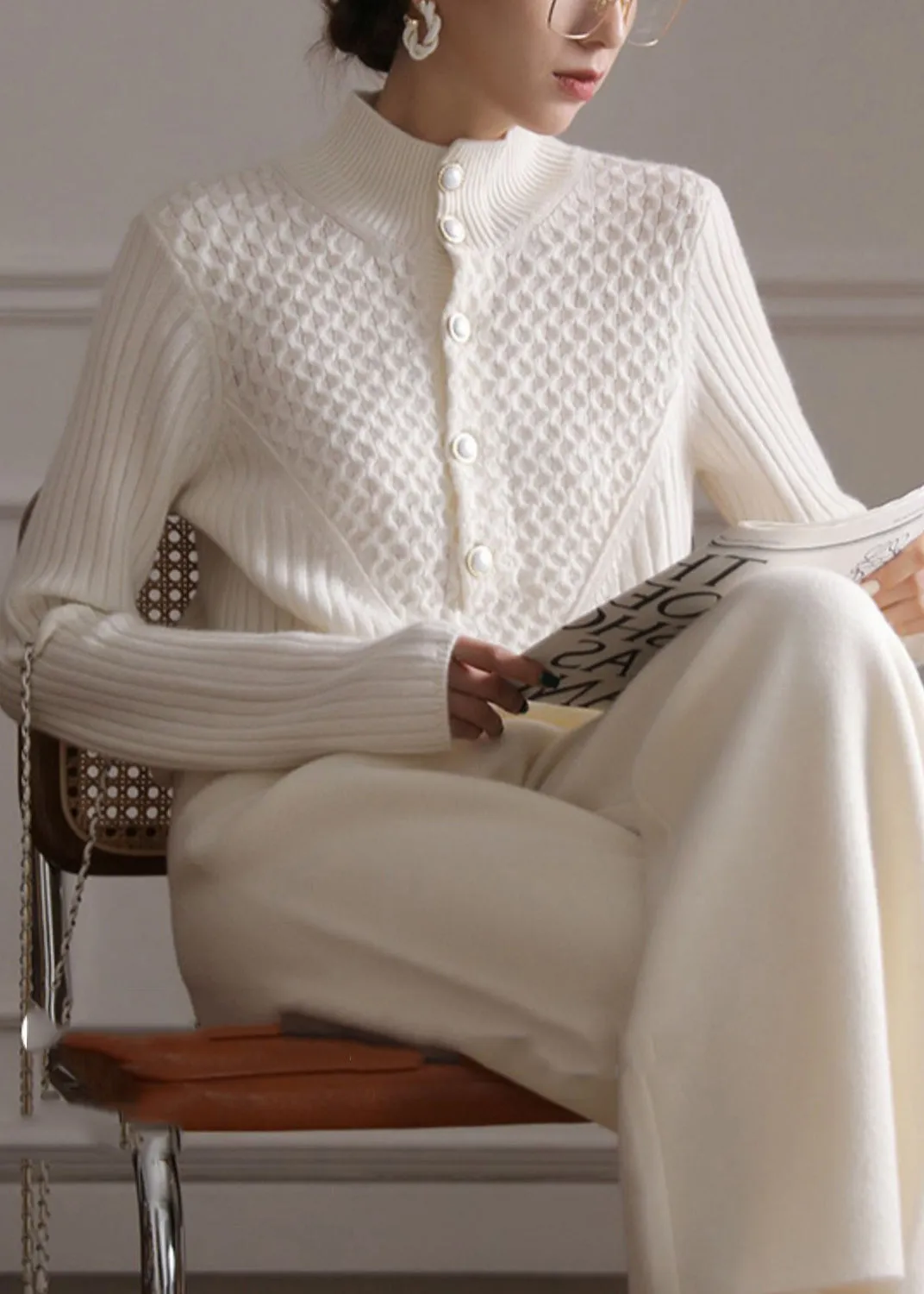 ALINE | STYLISH WHITE HIGH NECK BUTTON CASHMERE SWEATER