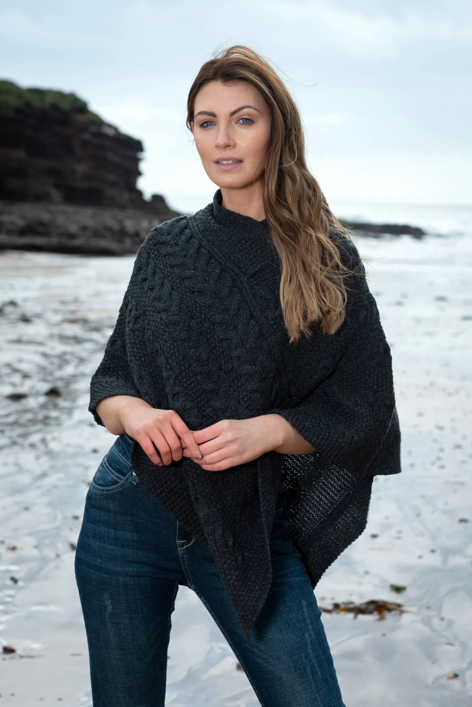 Aran Crafts Poncho | Charcoal