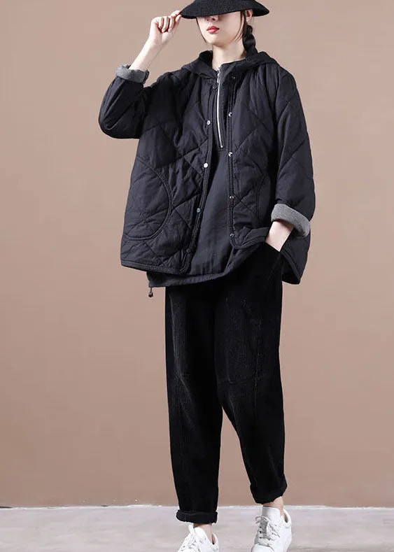 Art Black O-Neck Oversized Fine Cotton Filled Coat Winter