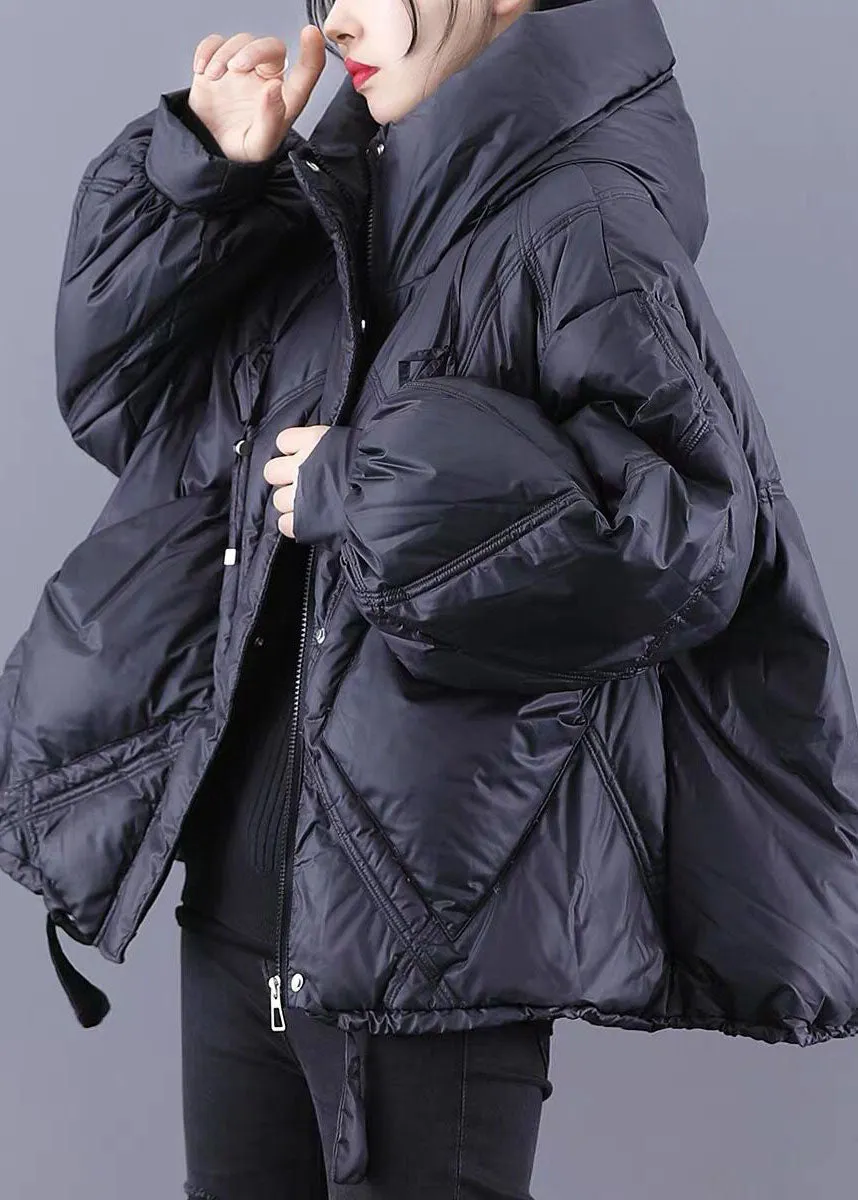 Beautiful Black hooded Loose zippered Warm Winter Duck Down Jacket