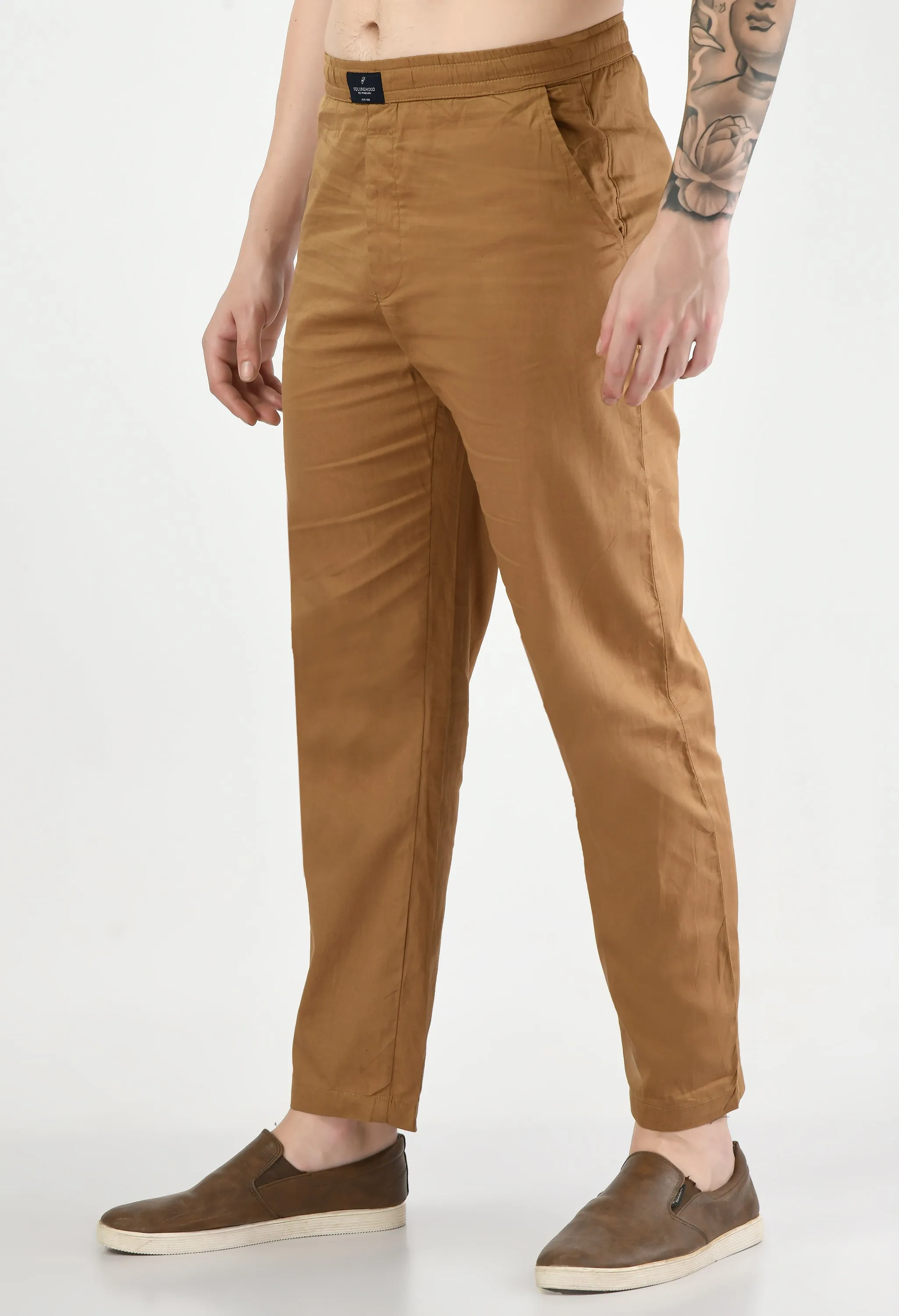 Beige Plain Relaxed Fit Casual Trouser