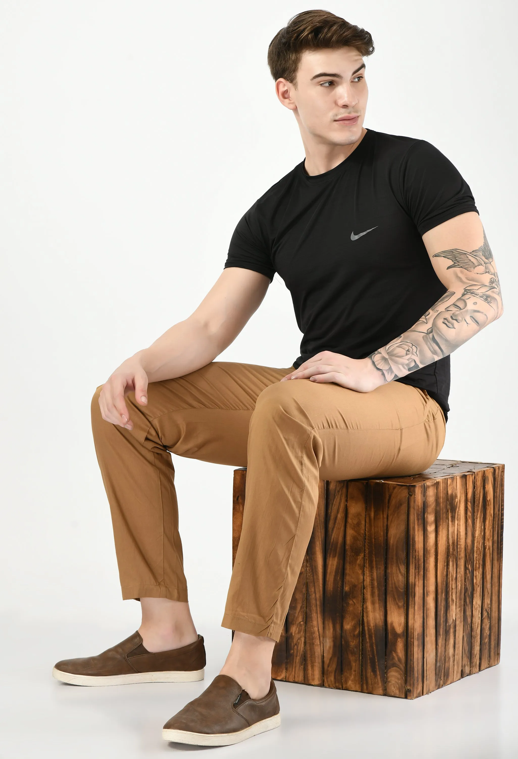 Beige Plain Relaxed Fit Casual Trouser