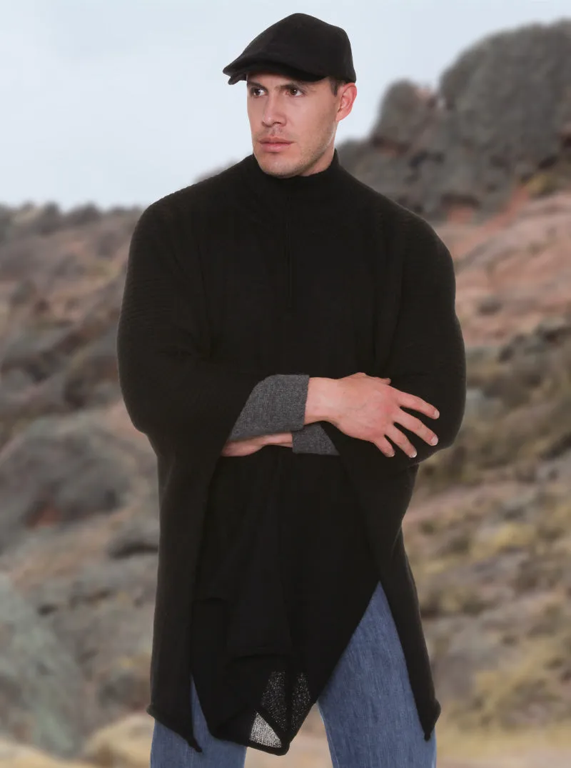 Black Alpaca Poncho High Neck for Men