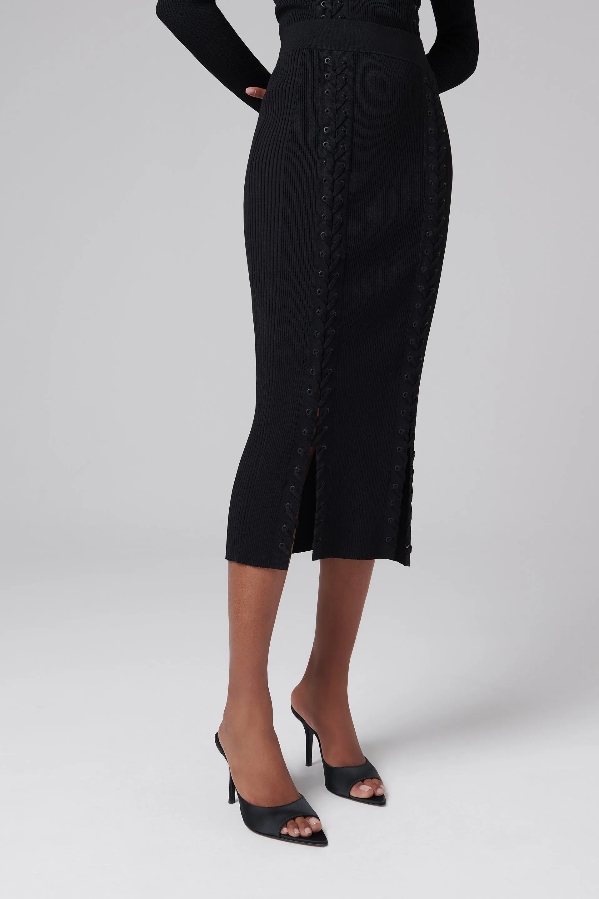 Black Helix Lace Up Midi Skirt