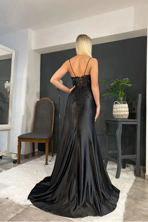 Black Satin Sheath Spaghetti Straps Lace Appliques Long Prom Dresses, SLP028