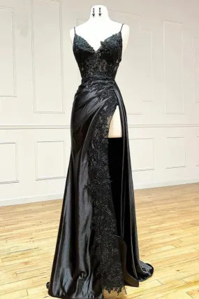 Black Satin Sheath Spaghetti Straps Lace Appliques Long Prom Dresses, SLP028