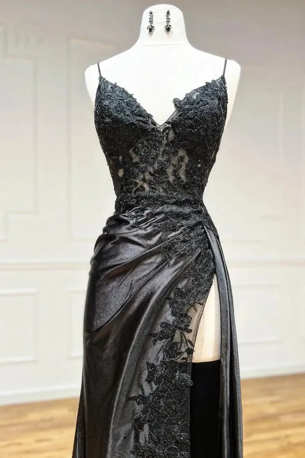 Black Satin Sheath Spaghetti Straps Lace Appliques Long Prom Dresses, SLP028