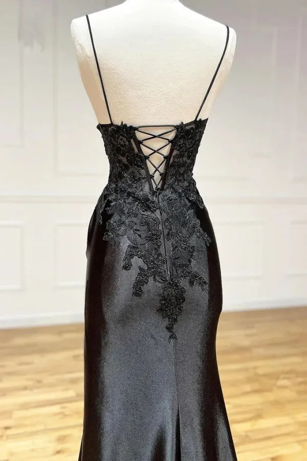 Black Satin Sheath Spaghetti Straps Lace Appliques Long Prom Dresses, SLP028