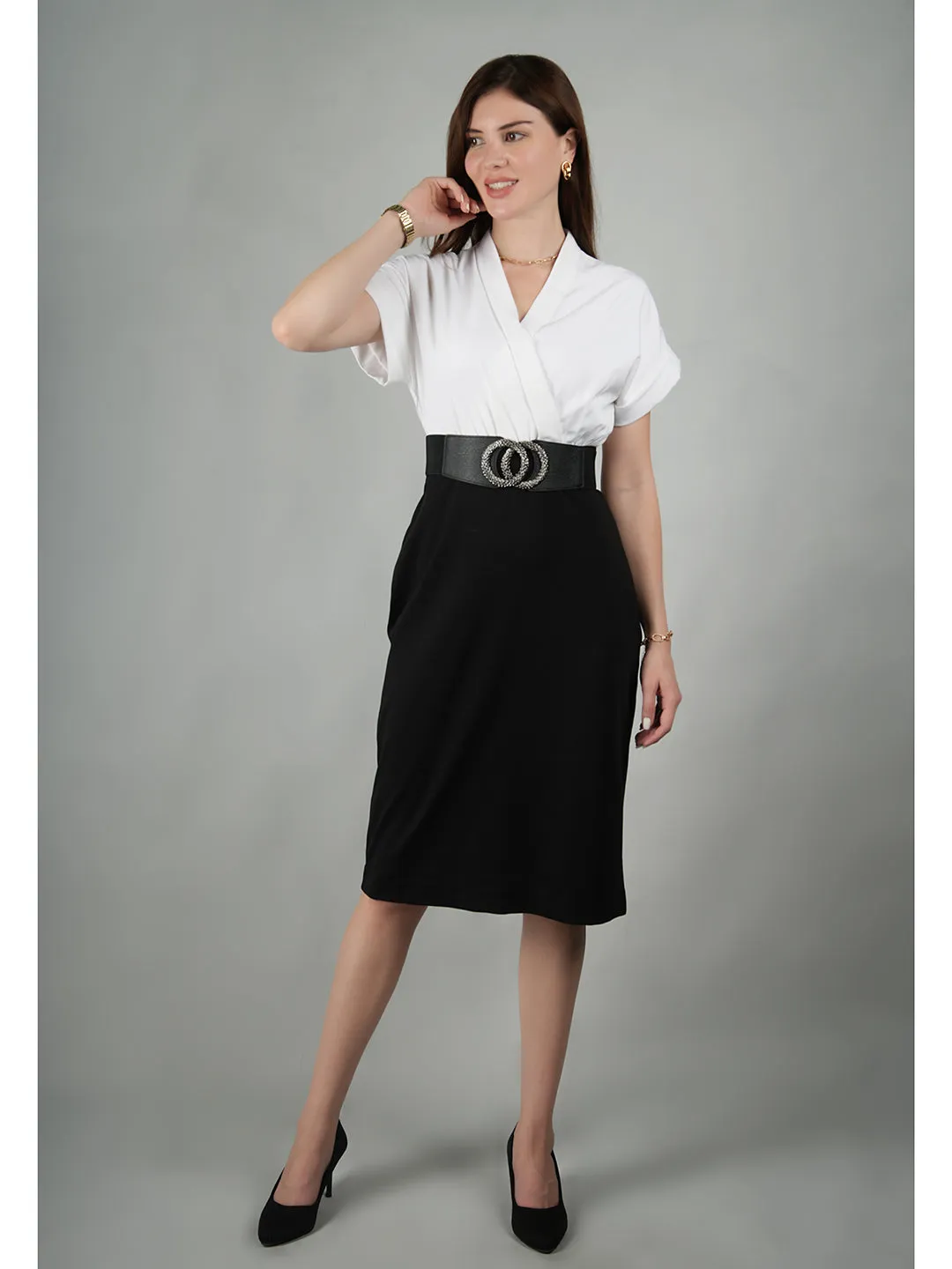 Black Spandex Sparkling Color Block Blouson Dress With Belt