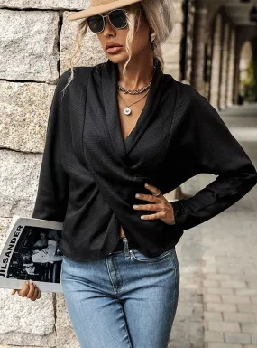 Black Stylish Kinked Long Sleeve V-neck Top