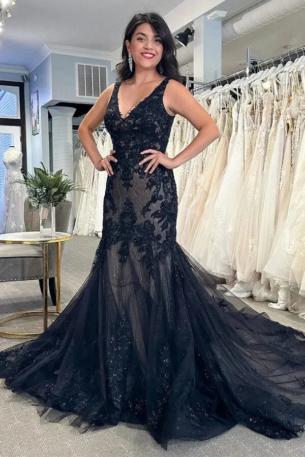 Black Tulle Mermaid V-neck Wedding Dresses With Lace Appliques, SW661