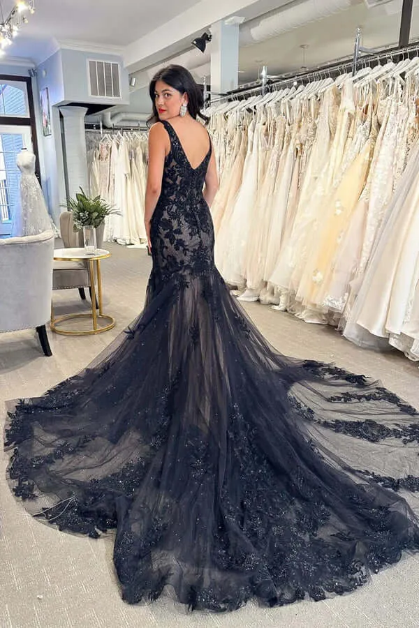 Black Tulle Mermaid V-neck Wedding Dresses With Lace Appliques, SW661