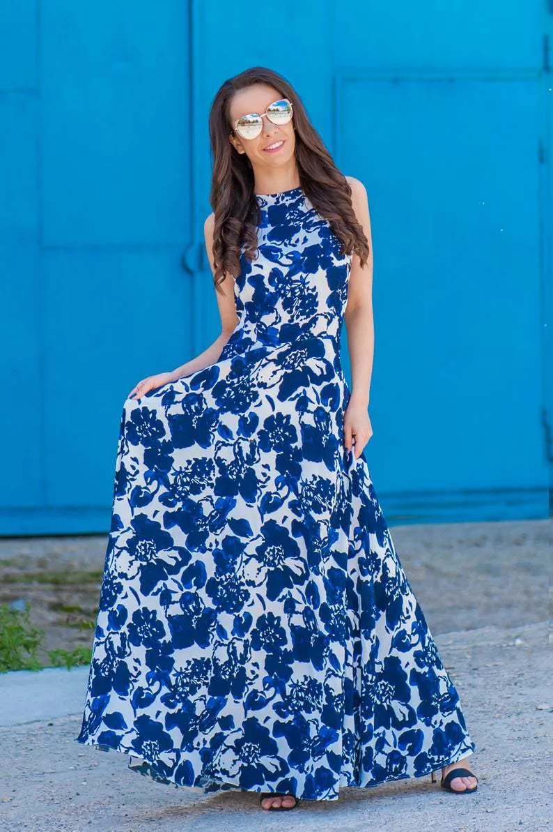 Blue Floral Print Dress For Mommy and me