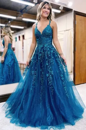 Blue Tulle A-line V-neck Lace Appliques Long Prom Dresses, Evening Gown, SP921