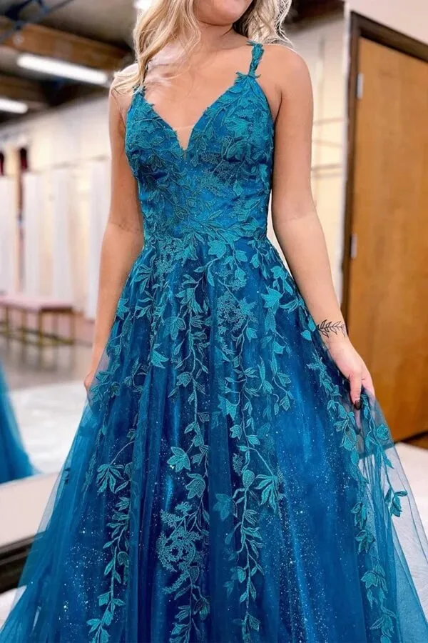 Blue Tulle A-line V-neck Lace Appliques Long Prom Dresses, Evening Gown, SP921