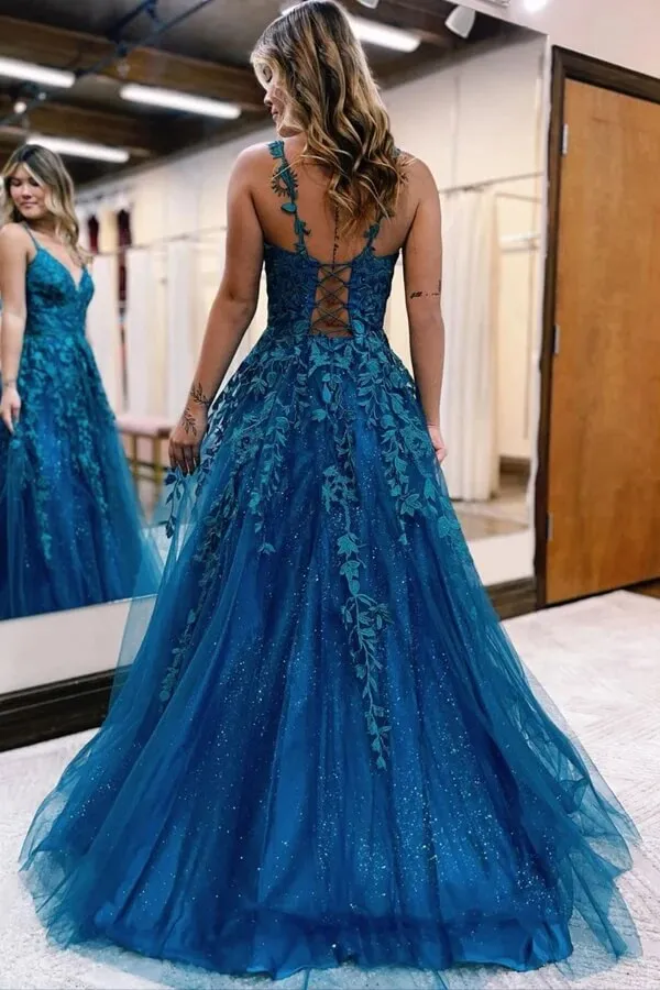 Blue Tulle A-line V-neck Lace Appliques Long Prom Dresses, Evening Gown, SP921