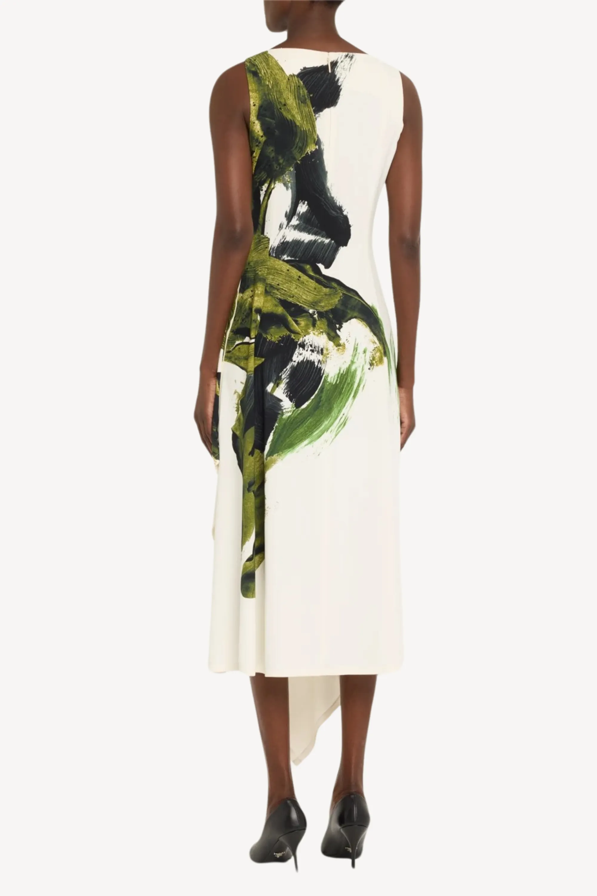 BOATNECK FIT AND FLARE CREPE DRESS WITH BRUSHSTROKE PRINT