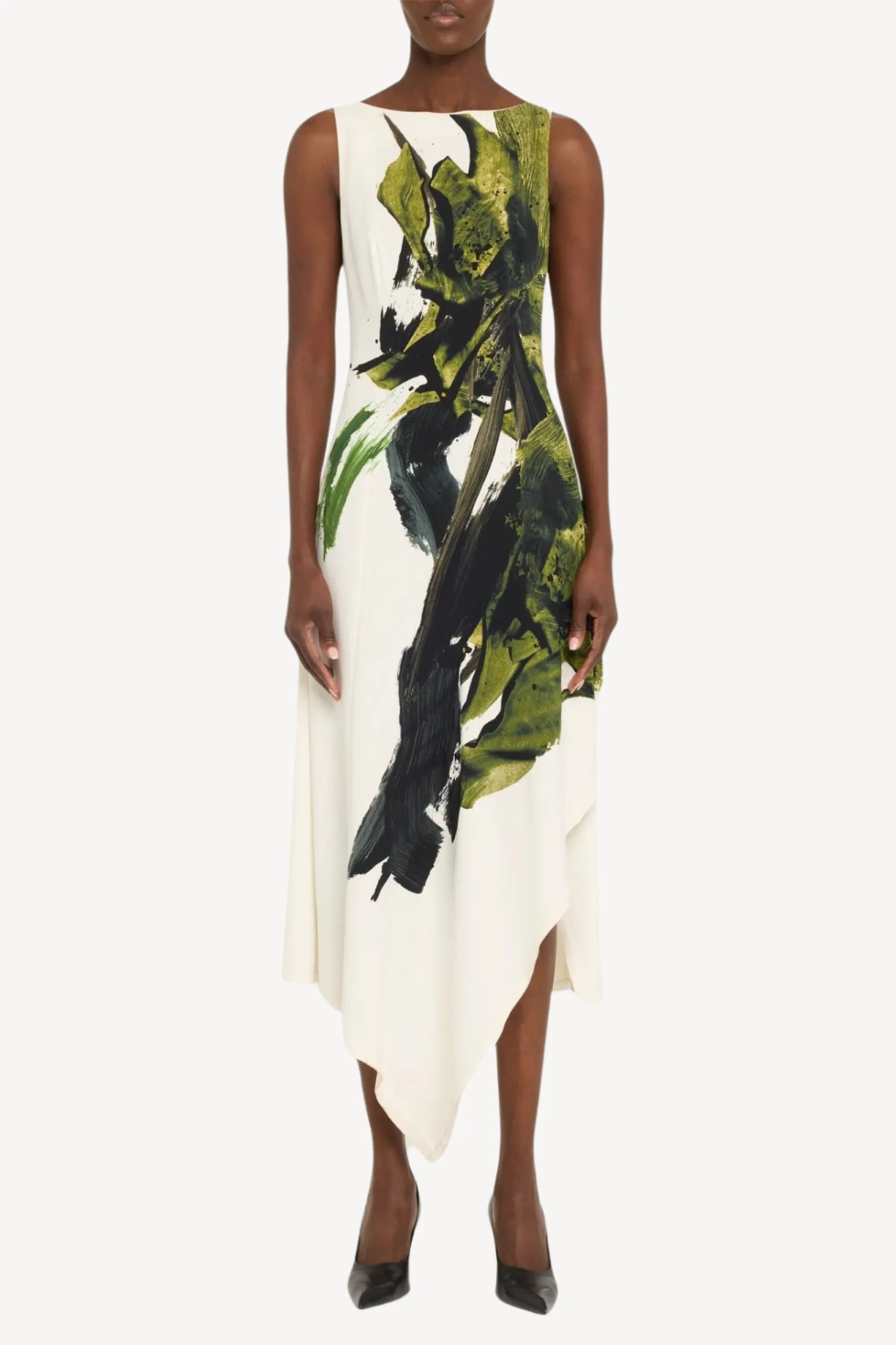 BOATNECK FIT AND FLARE CREPE DRESS WITH BRUSHSTROKE PRINT