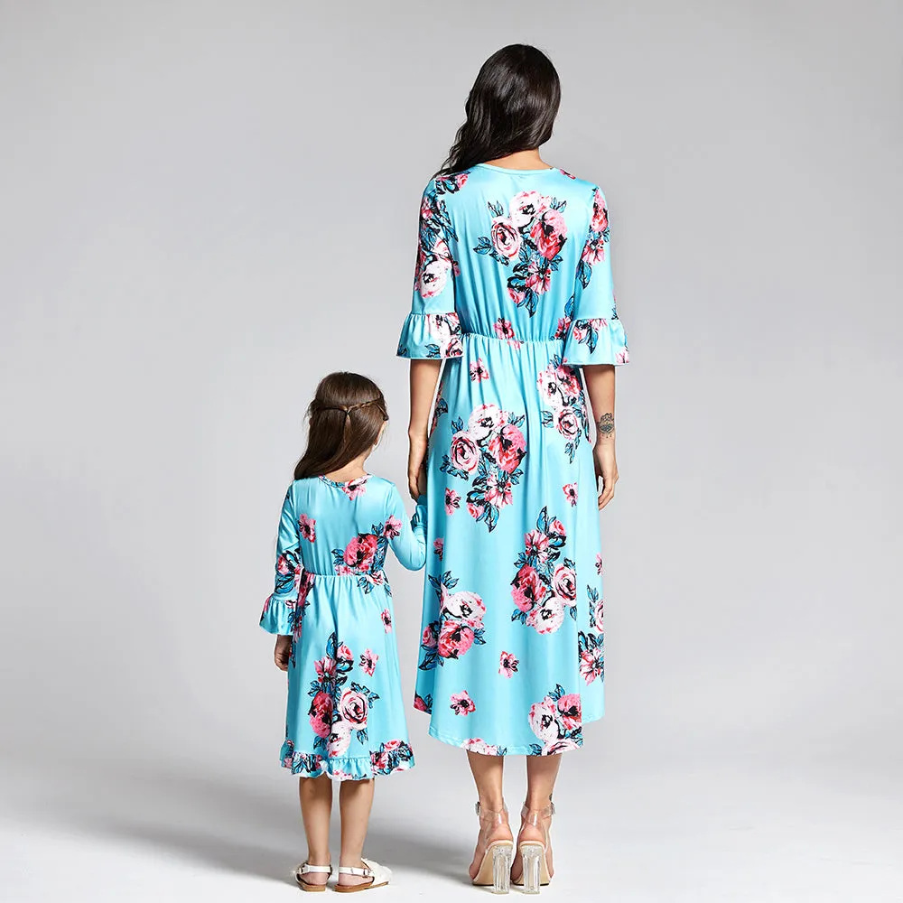 Bohemia Floral Printed Matching Dresses for Daughter and Mom