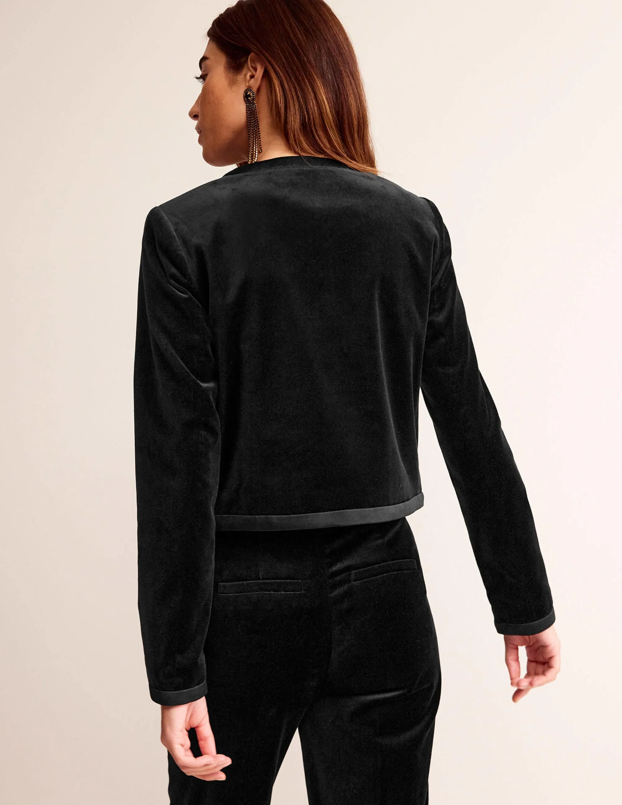 Bow-Trim Collarless Jacket-Black