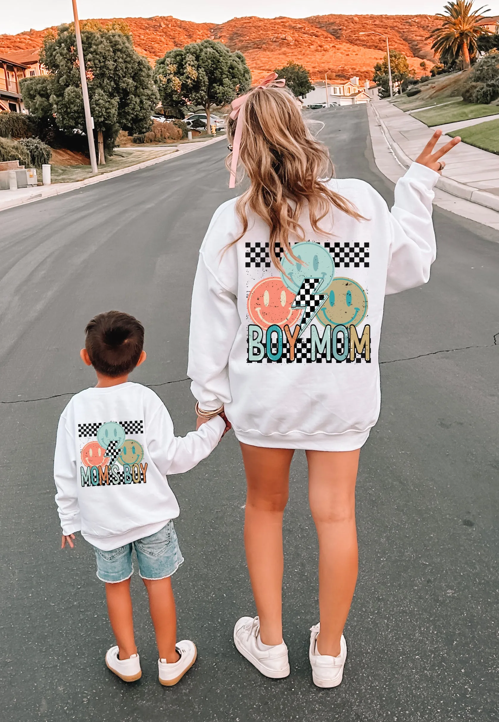 Boy mama, Mommy & Son Sweatshirts -White Crewneck Letter Graphic, Oversized