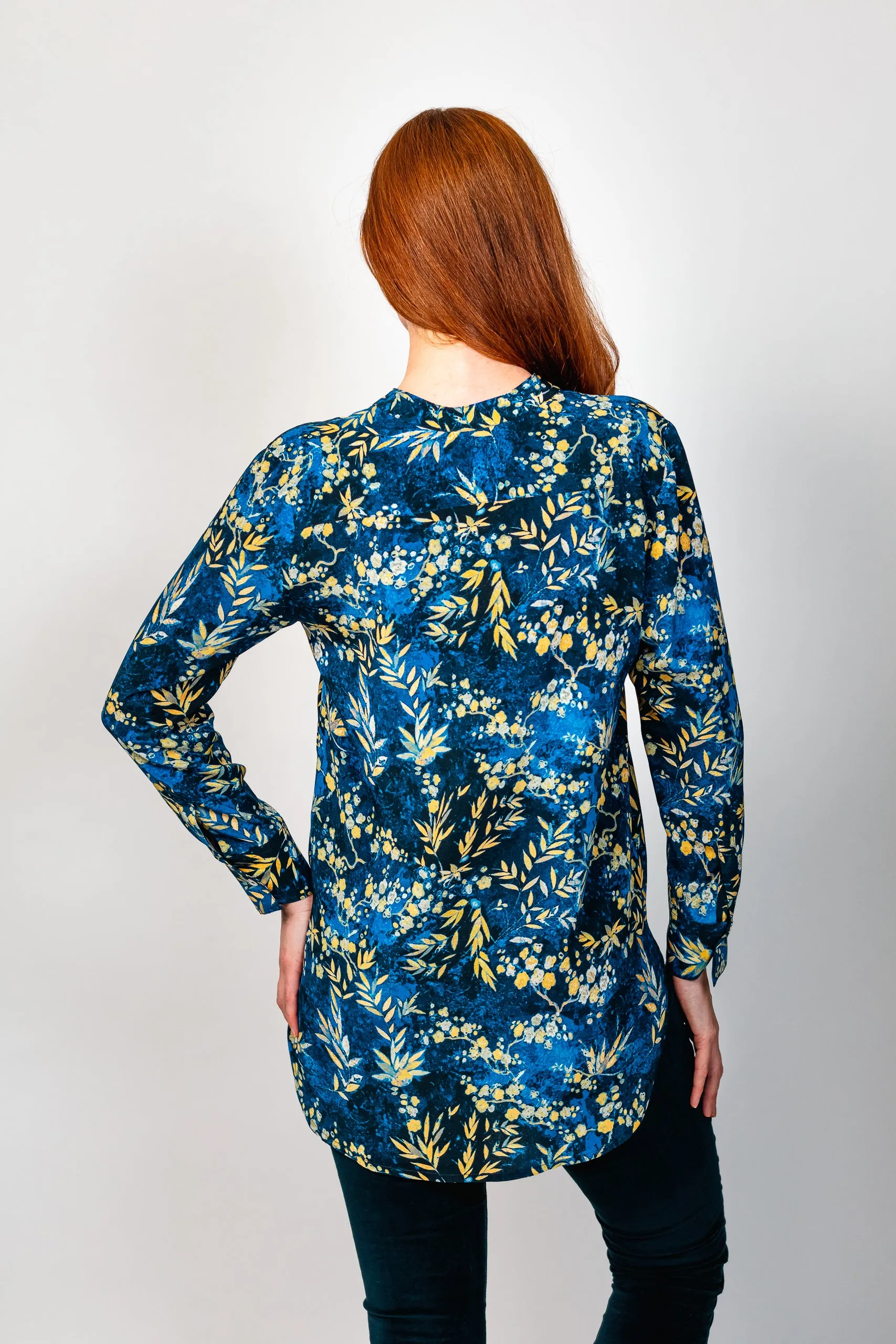 Brigit Gold Leaf Cobalt Mandarin Shirt