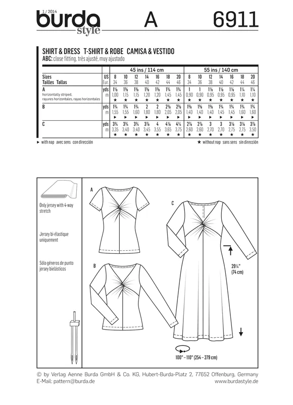 Burda 6911 Twist-Front Midi Dress and Tops Pattern