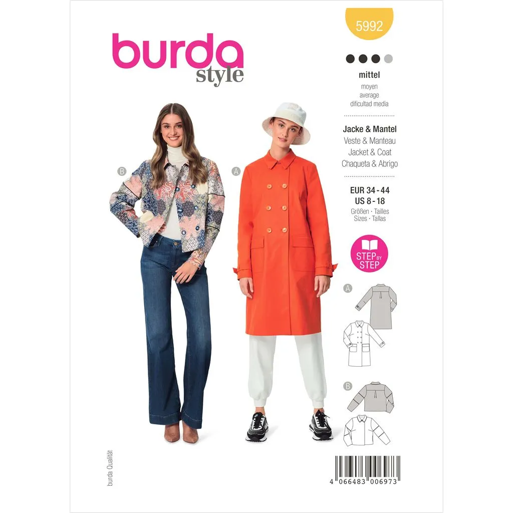 Burda Style Pattern 5992 Misses' Double-Breasted Jacket and Coat B5992