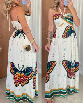 Butterfly Pattern Halter Sleeveless Maxi Dress Casual Hollow out Waist A Line Dress