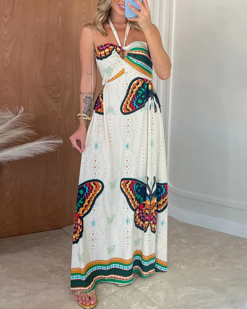 Butterfly Pattern Halter Sleeveless Maxi Dress Casual Hollow out Waist A Line Dress