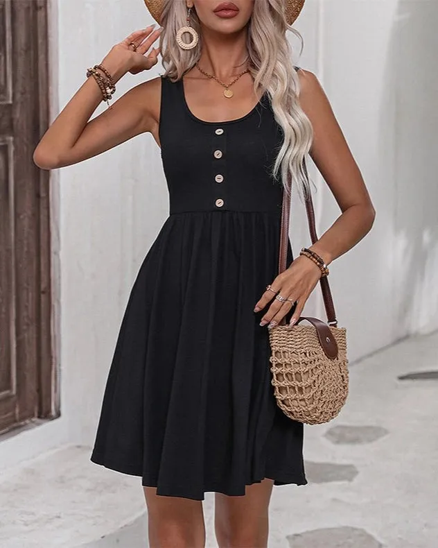 Buttoned Pleated Suspender Slim Dress