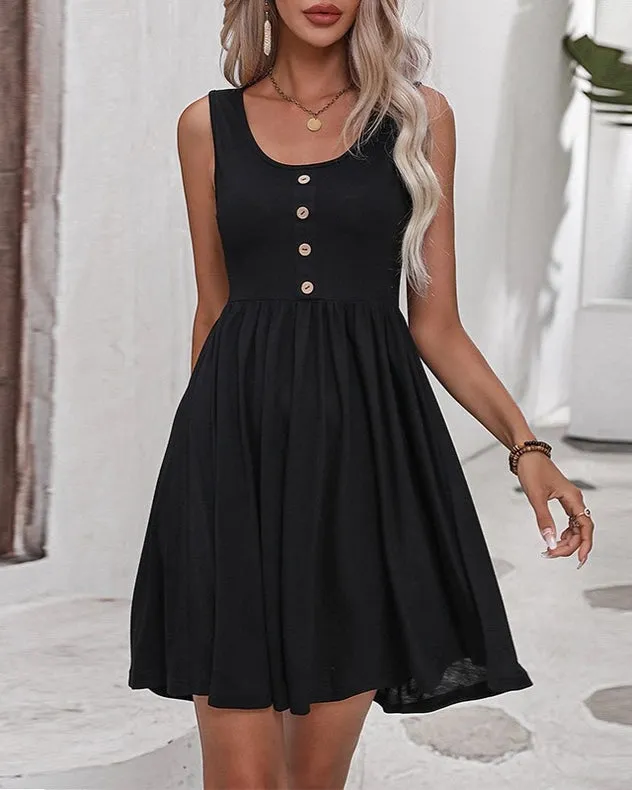 Buttoned Pleated Suspender Slim Dress