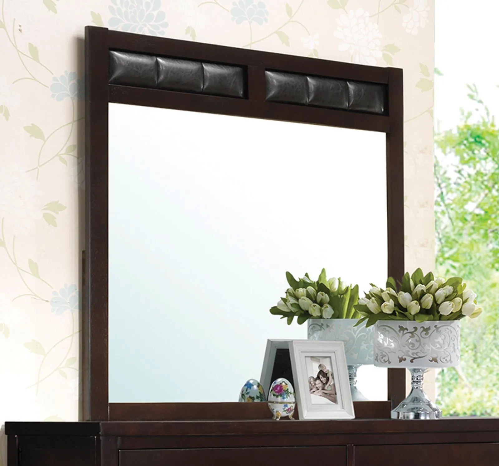 Carlton Collection - Black - Carlton Upholstered Rectangular Mirror Cappuccino