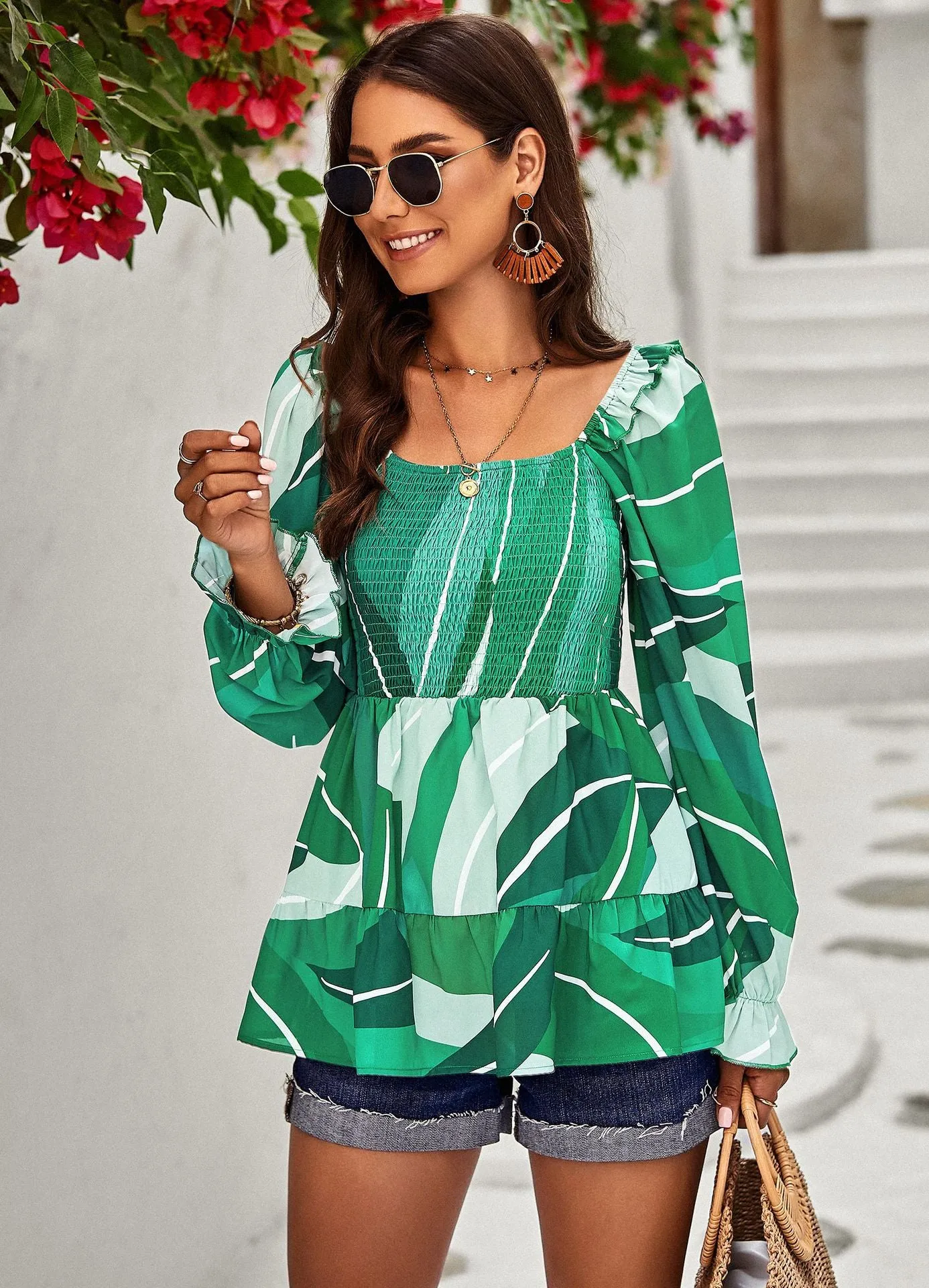 Casual Printed Square Collar Long Sleeve Shirt