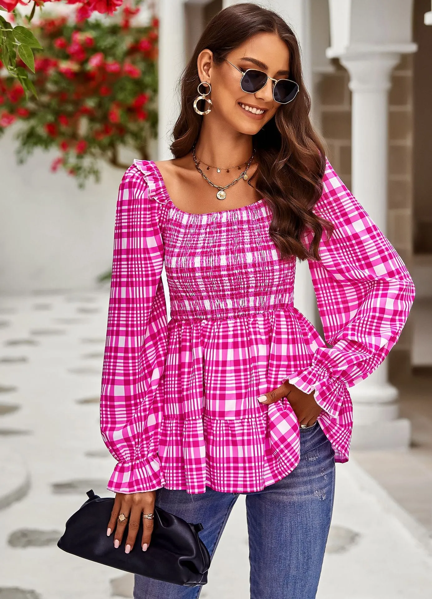 Casual Printed Square Collar Long Sleeve Shirt