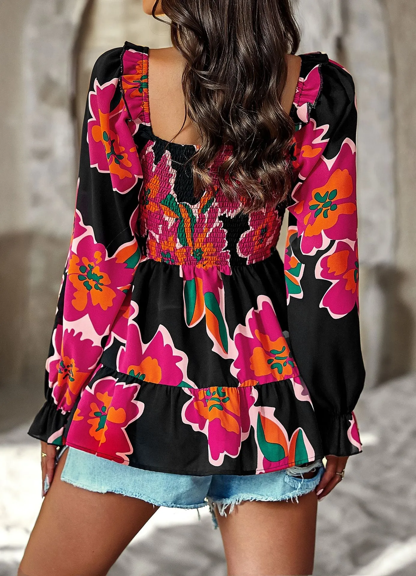 Casual Printed Square Collar Long Sleeve Shirt