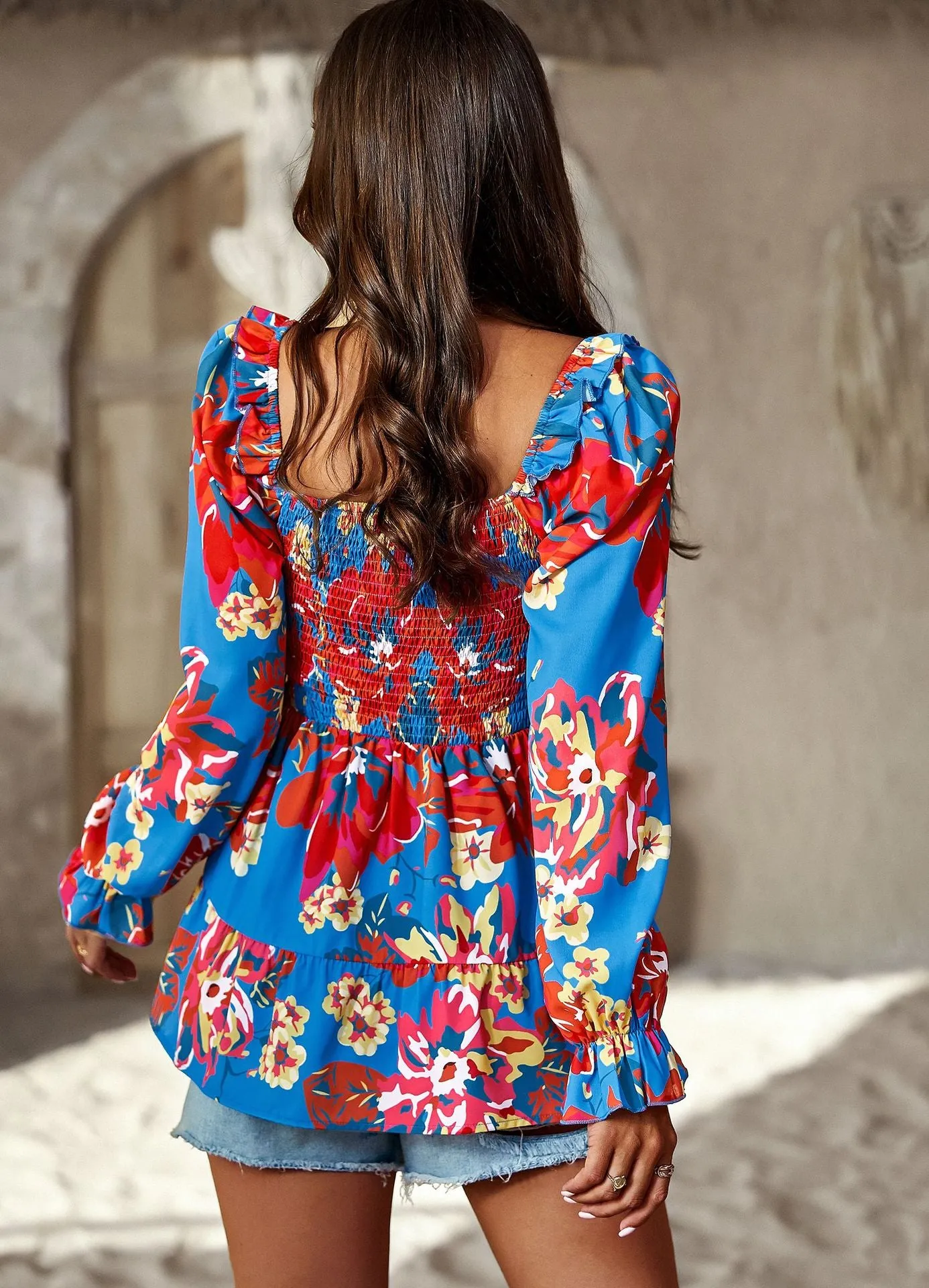 Casual Printed Square Collar Long Sleeve Shirt