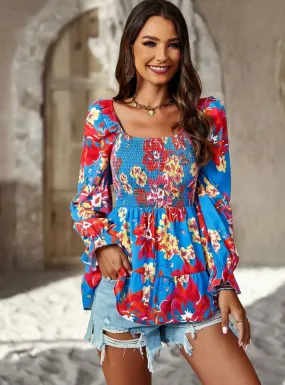 Casual Printed Square Collar Long Sleeve Shirt