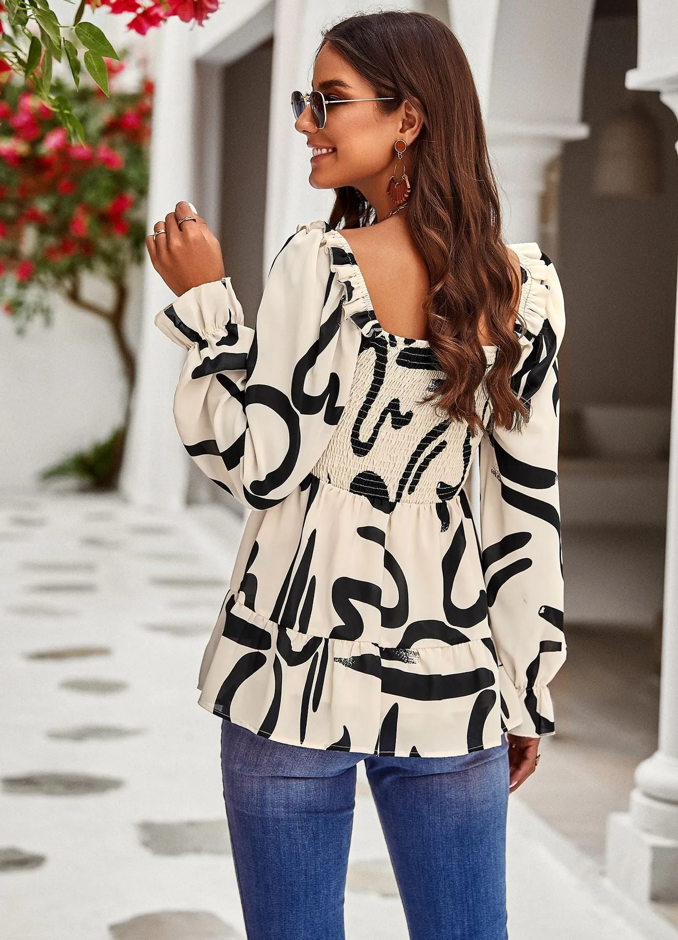 Casual Printed Square Collar Long Sleeve Shirt