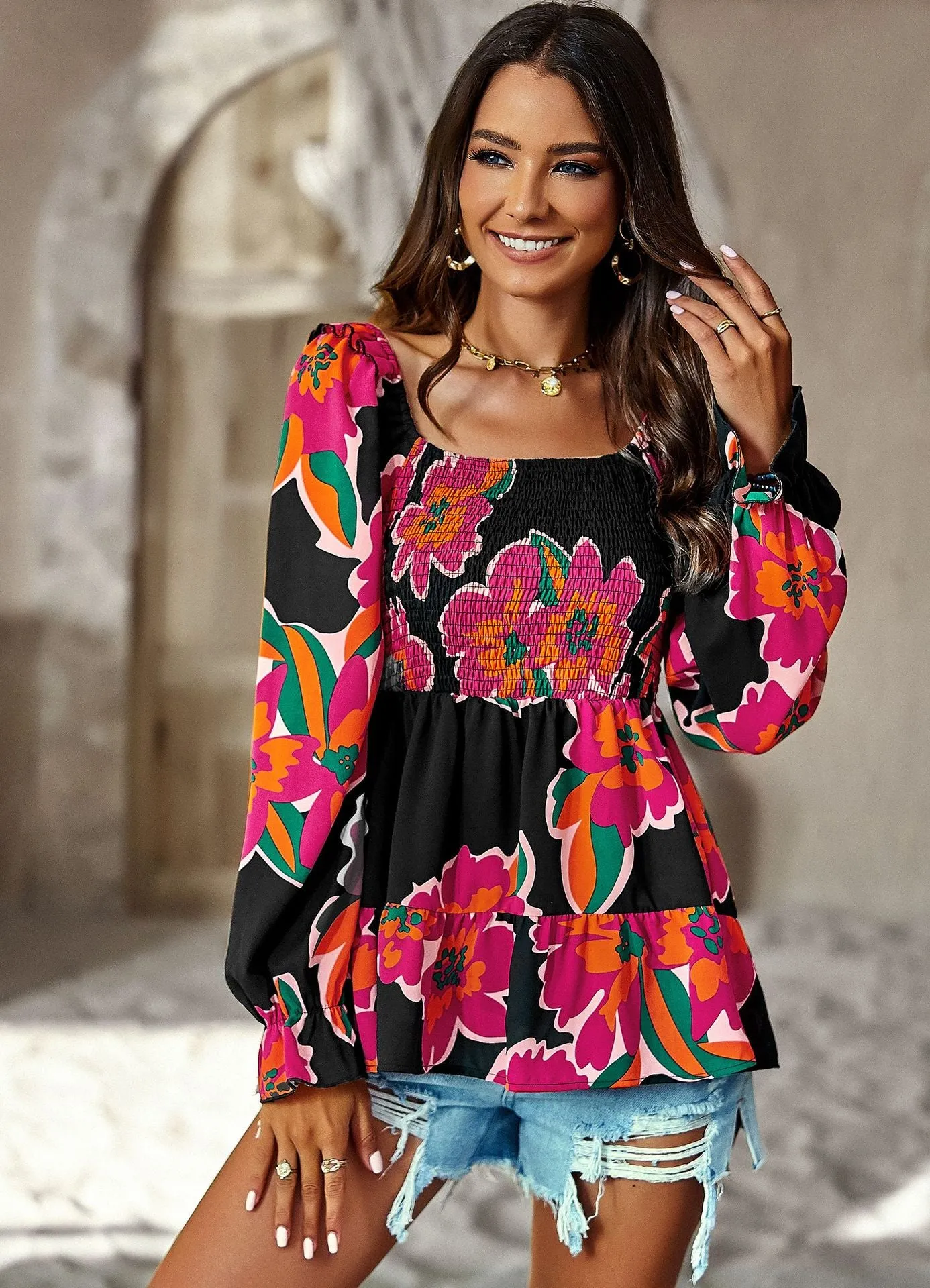 Casual Printed Square Collar Long Sleeve Shirt