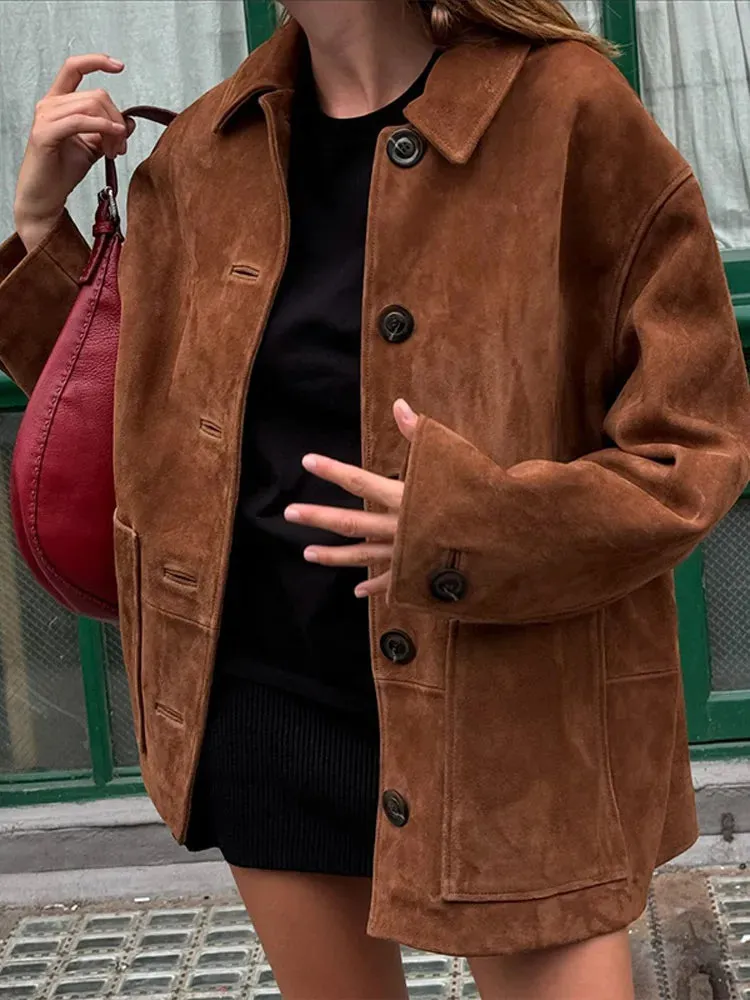 Chic Brown Jacket turn down collar autumn fall coat