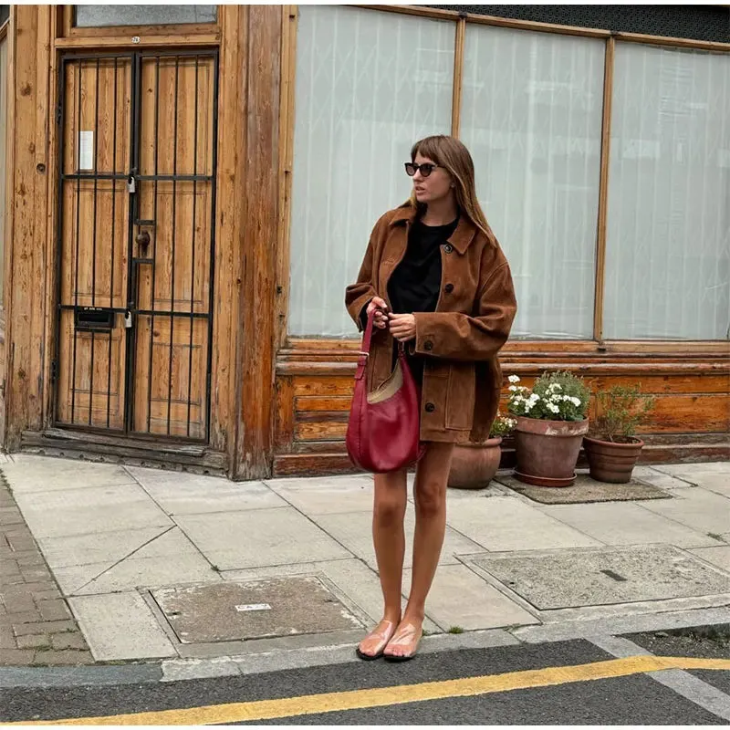 Chic Brown Jacket turn down collar autumn fall coat