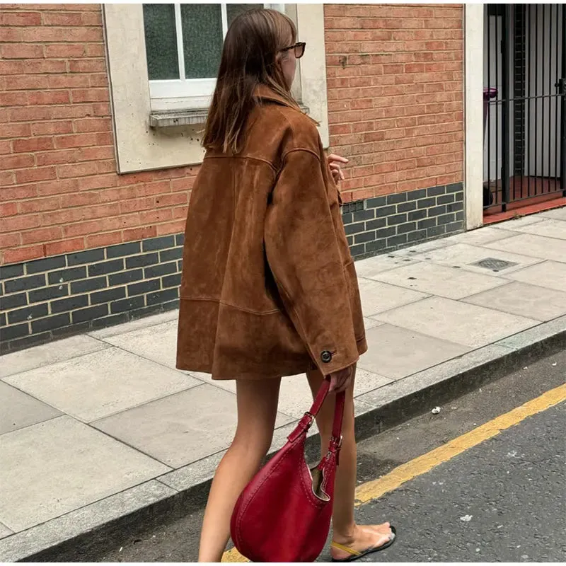 Chic Brown Jacket turn down collar autumn fall coat