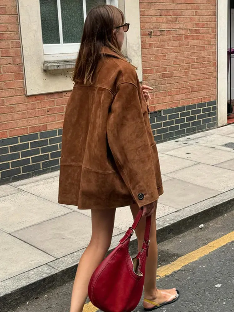 Chic Brown Jacket turn down collar autumn fall coat