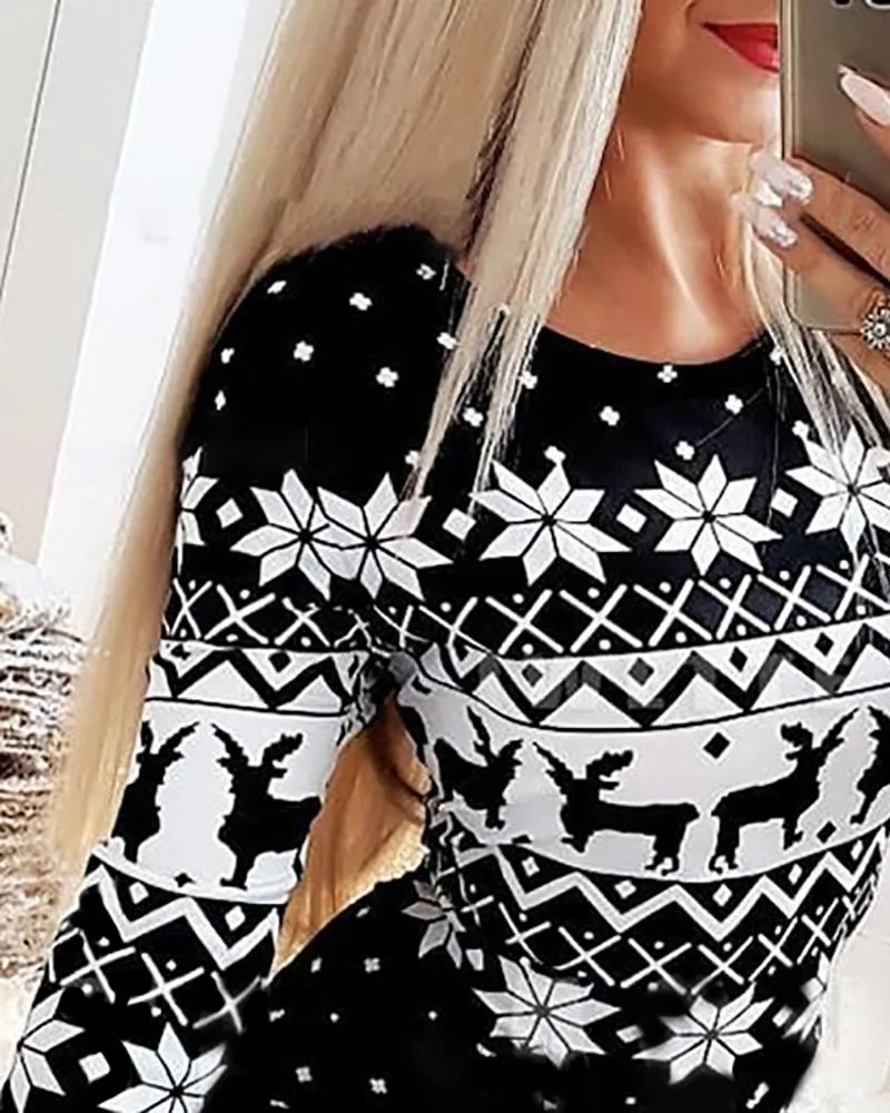 Christmas Snowflake Elk Print Crewneck Bodycon Dress Slim Fit Long Sleeve Mini Dress