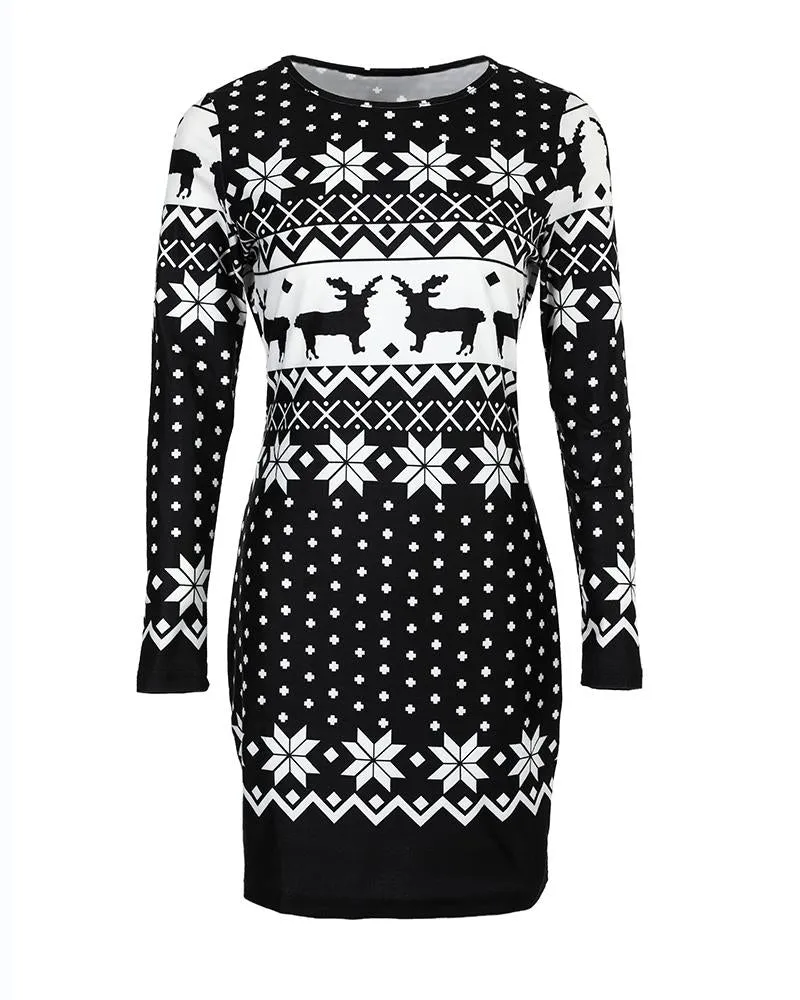 Christmas Snowflake Elk Print Crewneck Bodycon Dress Slim Fit Long Sleeve Mini Dress